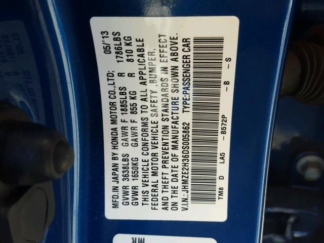 JHMZE2H36DS005862 - 2013 HONDA INSIGHT BLUE photo 10