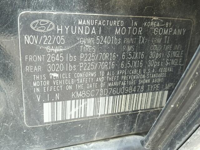 KM8SC73D76U098478 - 2006 HYUNDAI SANTA FE G BLACK photo 10