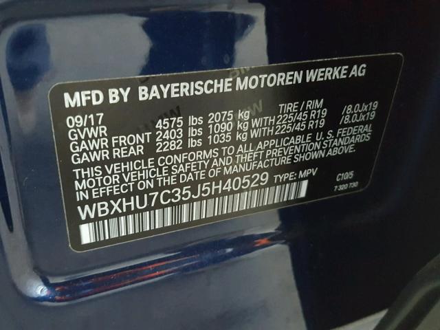 WBXHU7C35J5H40529 - 2018 BMW X1 SDRIVE2 BLUE photo 10