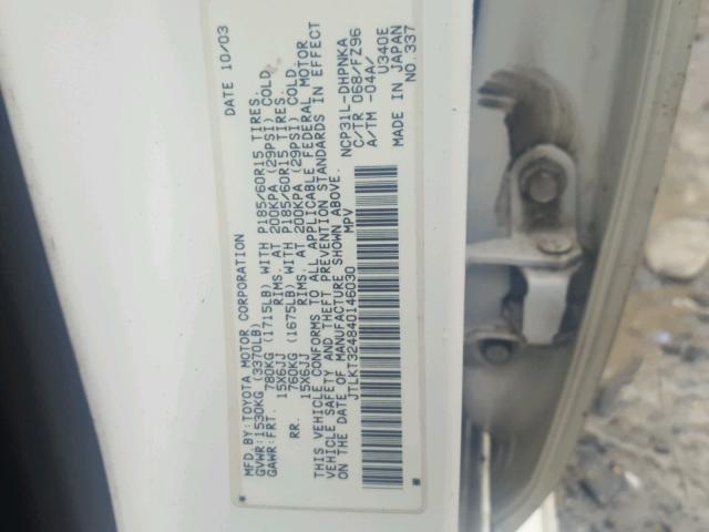 JTLKT324840146030 - 2004 TOYOTA SCION XB WHITE photo 10