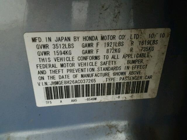 JHMGE8H26AC037265 - 2010 HONDA FIT BLUE photo 10