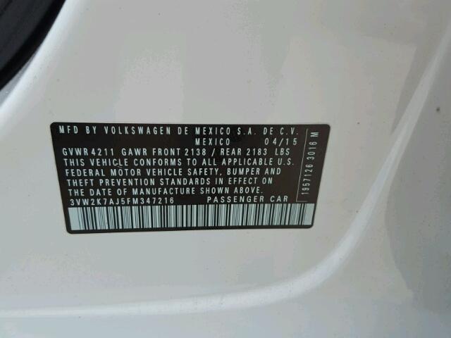 3VW2K7AJ5FM347216 - 2015 VOLKSWAGEN JETTA BASE 白色 照片 10