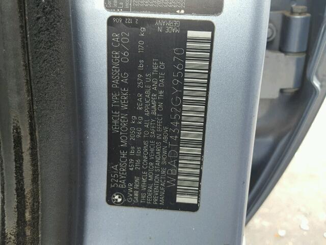 WBADT43452GY95670 - 2002 BMW 525 I AUTO BLUE photo 10