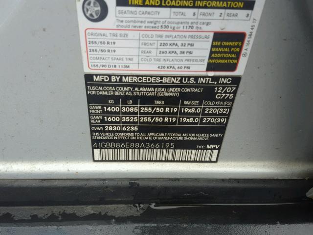 4JGBB86E88A366195 - 2008 MERCEDES-BENZ ML 350 GRAY photo 10