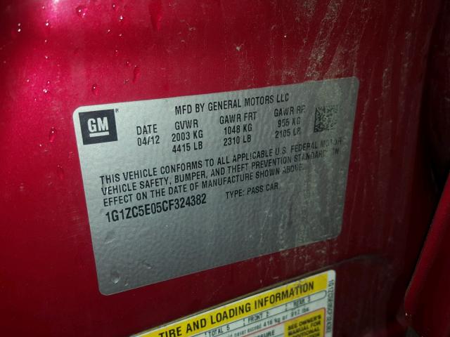 1G1ZC5E05CF324382 - 2012 CHEVROLET MALIBU 1LT 红色 照片 10