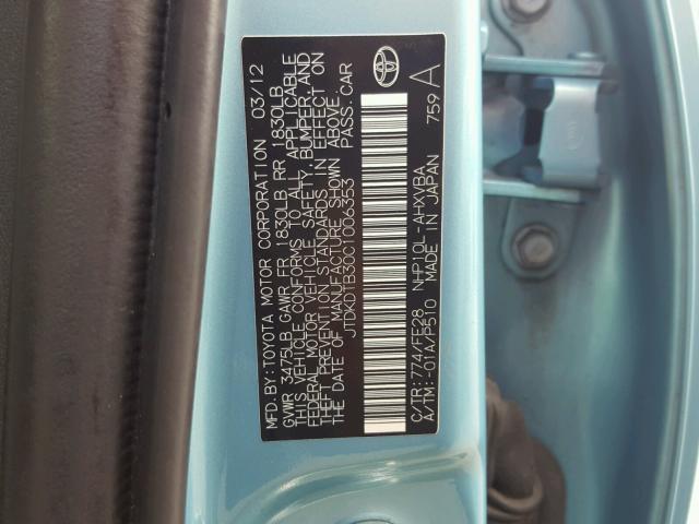 JTDKDTB30C1006353 - 2012 TOYOTA PRIUS C BLUE photo 10