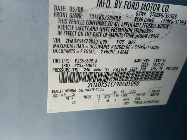 2FMDK51C79BA01090 - 2009 FORD FLEX SE BLUE photo 10