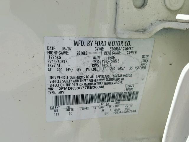 2FMDK38C77BB30048 - 2007 FORD EDGE SEL WHITE photo 10