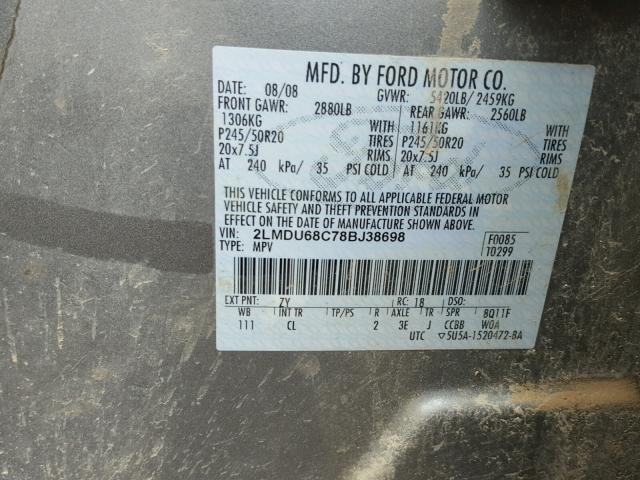 2LMDU68C78BJ38698 - 2008 LINCOLN MKX GRAY photo 10