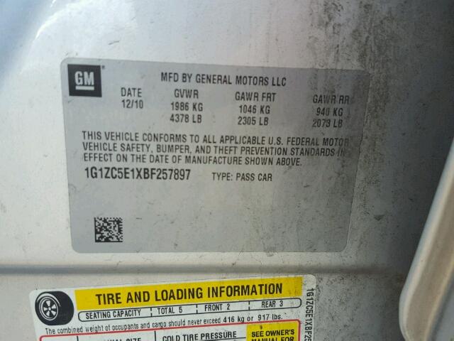 1G1ZC5E1XBF257897 - 2011 CHEVROLET MALIBU 1LT SILVER photo 10