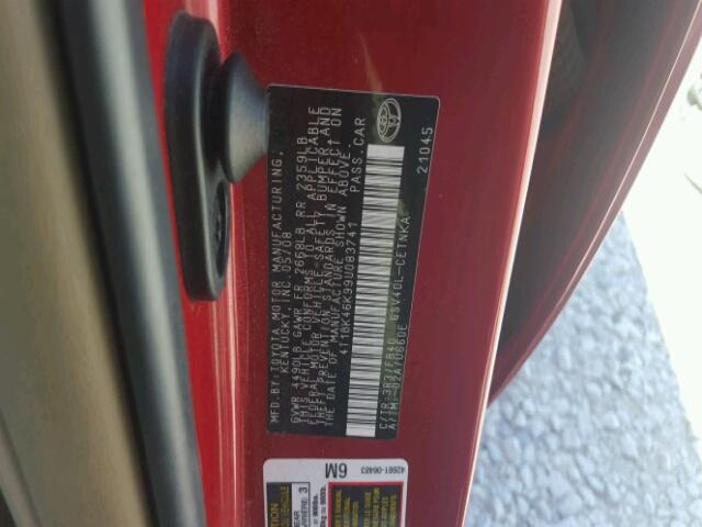 4T1BK46K99U083741 - 2009 TOYOTA CAMRY LE/X RED photo 10