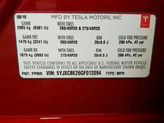 5YJXCBE26GF012094 - 2016 TESLA MODEL X RED photo 10