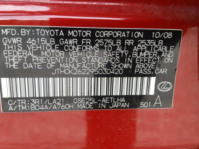 JTHCK262295030420 - 2009 LEXUS IS 250 RED photo 10