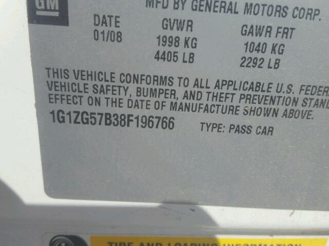 1G1ZG57B38F196766 - 2008 CHEVROLET MALIBU LS 白色 照片 10