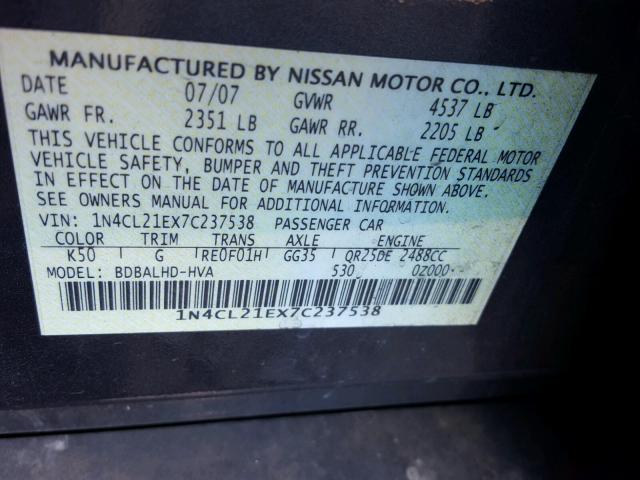 1N4CL21EX7C237538 - 2007 NISSAN ALTIMA HYB GRAY photo 10