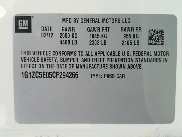 1G1ZC5E05CF294266 - 2012 CHEVROLET MALIBU 1LT 白色 照片 10