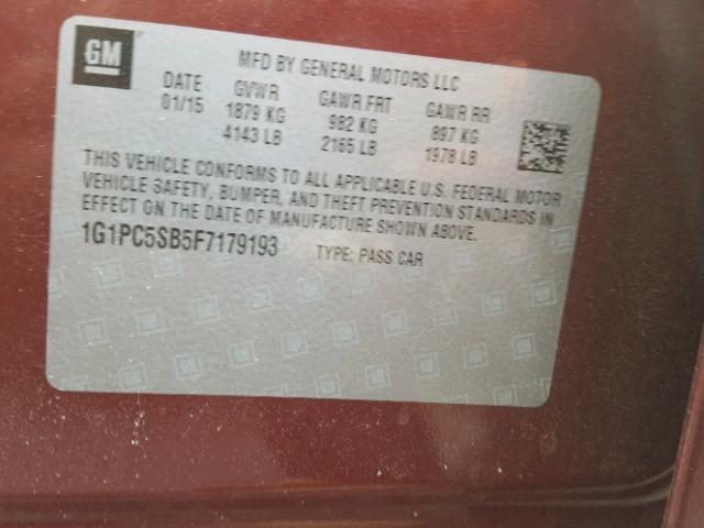 1G1PC5SB5F7179193 - 2015 CHEVROLET CRUZE LT MAROON photo 10