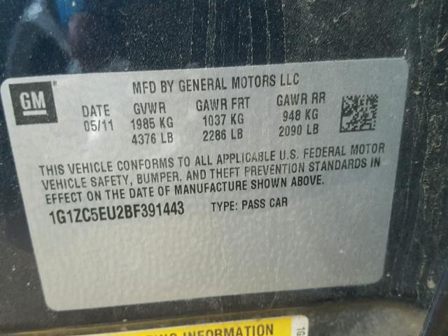 1G1ZC5EU2BF391443 - 2011 CHEVROLET MALIBU 1LT 蓝色 照片 10