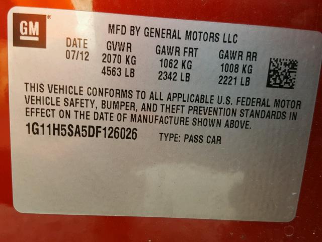 1G11H5SA5DF126026 - 2013 CHEVROLET MALIBU LTZ 红色 照片 10