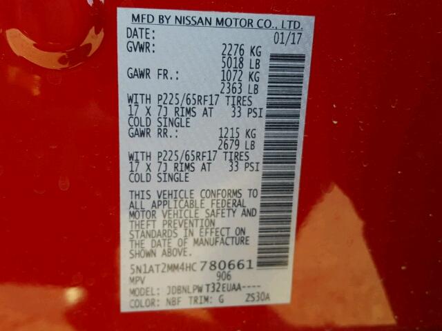 5N1AT2MM4HC780661 - 2017 NISSAN ROGUE RED photo 10