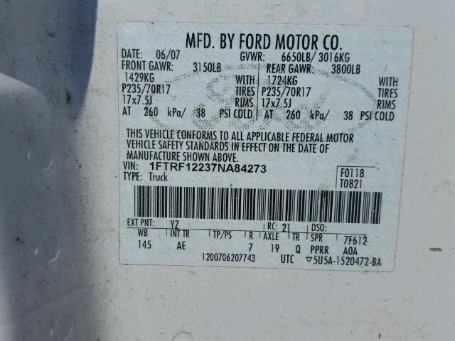 1FTRF12237NA84273 - 2007 FORD F150 WHITE photo 10