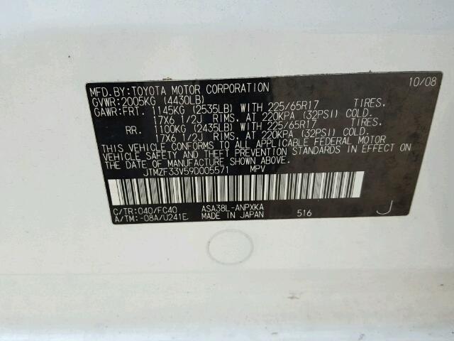 JTMZF33V59D005571 - 2009 TOYOTA RAV4 WHITE photo 10