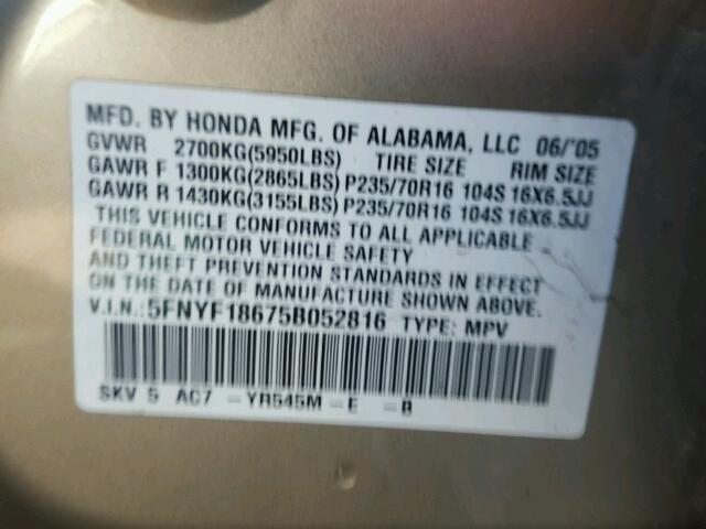 5FNYF18675B052816 - 2005 HONDA PILOT EXL GOLD photo 10