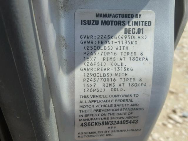 4S6CK58W324405443 - 2002 HONDA PASSPORT E SILVER photo 10
