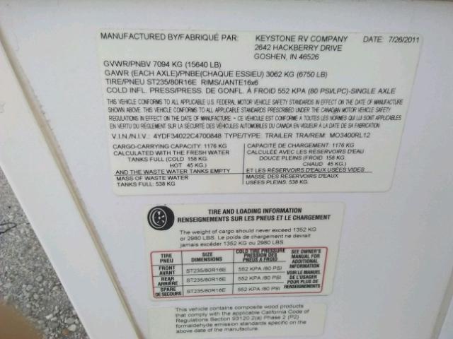 4YDF34022C4700848 - 2012 KEYSTONE MONTANA WHITE photo 10