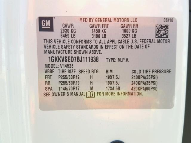 1GKKVSED7BJ111938 - 2011 GMC ACADIA SLT 白色 照片 10