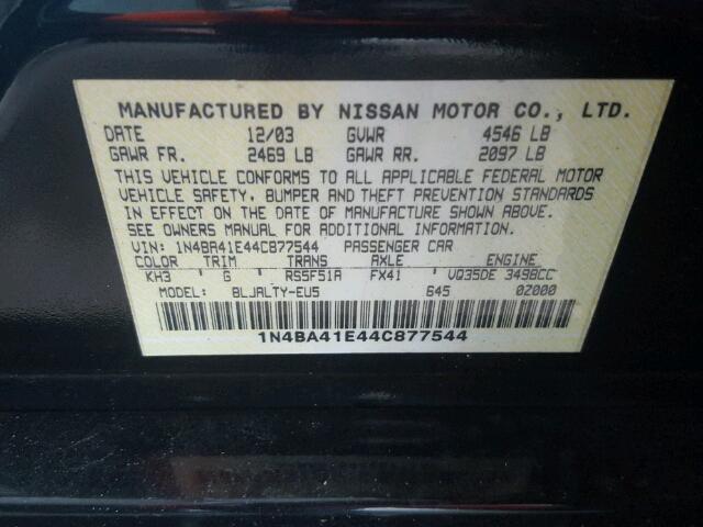 1N4BA41E44C877544 - 2004 NISSAN MAXIMA SE BLACK photo 10