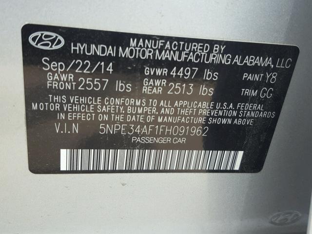 5NPE34AF1FH091962 - 2015 HYUNDAI SONATA SPO GRAY photo 10