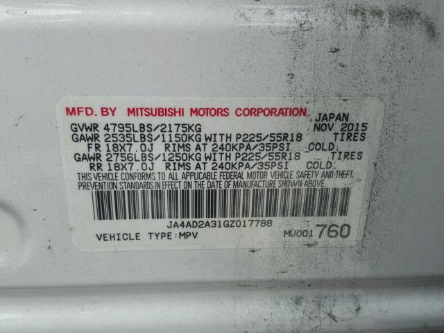 JA4AD2A31GZ017788 - 2016 MITSUBISHI OUTLANDER WHITE photo 10