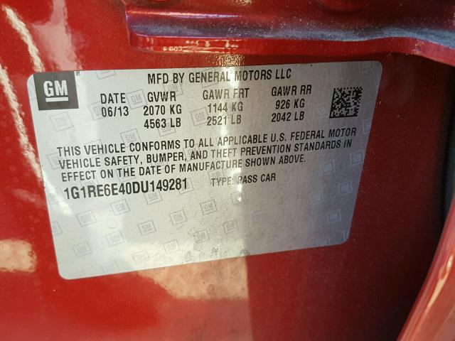 1G1RE6E40DU149281 - 2013 CHEVROLET VOLT RED photo 10