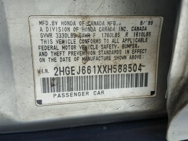 2HGEJ661XXH588504 - 1999 HONDA CIVIC BASE SILVER photo 10