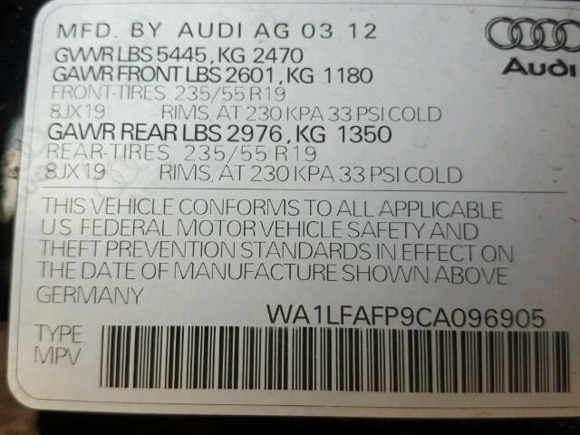 WA1LFAFP9CA096905 - 2012 AUDI Q5 PREMIUM BLACK photo 10