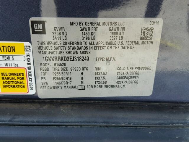 1GKKRRKD3EJ318249 - 2014 GMC ACADIA SLT ლურჯი ფოტო 10