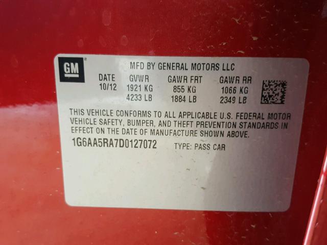 1G6AA5RA7D0127072 - 2013 CADILLAC ATS RED photo 10