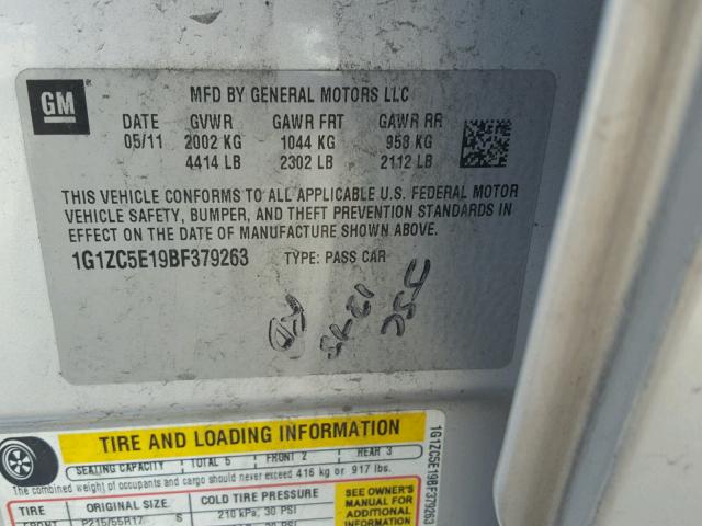 1G1ZC5E19BF379263 - 2011 CHEVROLET MALIBU 1LT SILVER photo 10