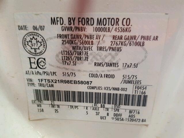 1FTSX21R98EB58087 - 2008 FORD F250 SUPER WHITE photo 10