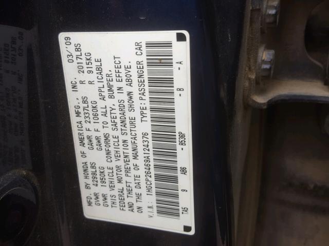 1HGCP26469A124376 - 2009 HONDA ACCORD LXP BLUE photo 10