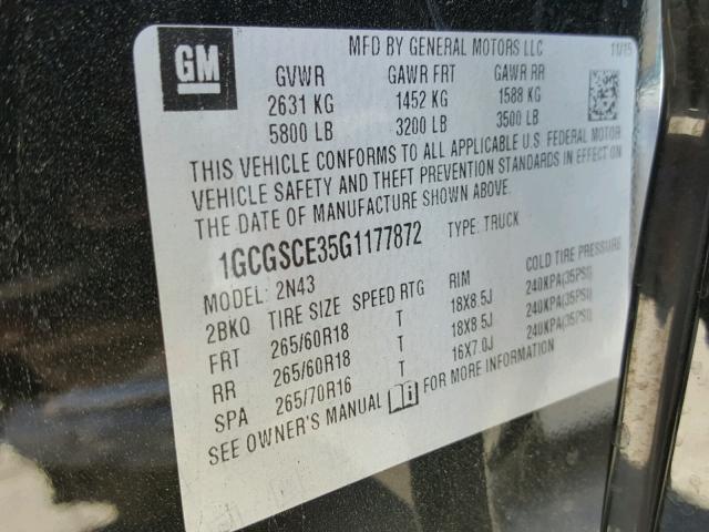 1GCGSCE35G1177872 - 2016 CHEVROLET COLORADO L BLACK photo 10