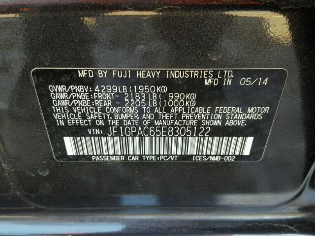 JF1GPAC65E8305122 - 2014 SUBARU IMPREZA PR BLACK photo 10