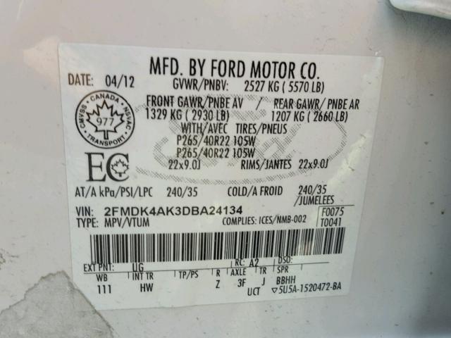 2FMDK4AK3DBA24134 - 2013 FORD EDGE SPORT WHITE photo 10