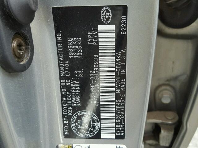 4T1BF32K15U590938 - 2005 TOYOTA CAMRY LE GRAY photo 10