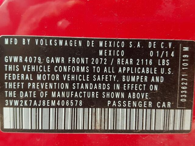 3VW2K7AJ8EM406578 - 2014 VOLKSWAGEN JETTA BASE 红色 照片 10