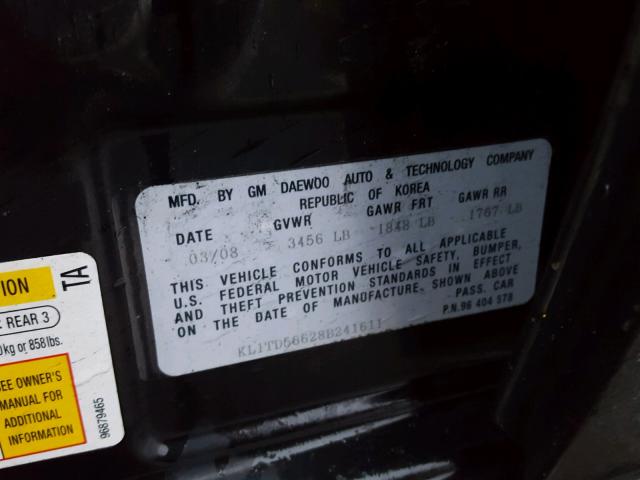 KL1TD56628B241611 - 2008 CHEVROLET AVEO BASE Սև լուսանկար 10