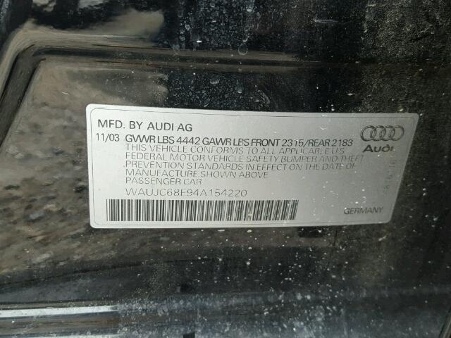 WAUJC68E94A154220 - 2004 AUDI A4 1.8T BLACK photo 10