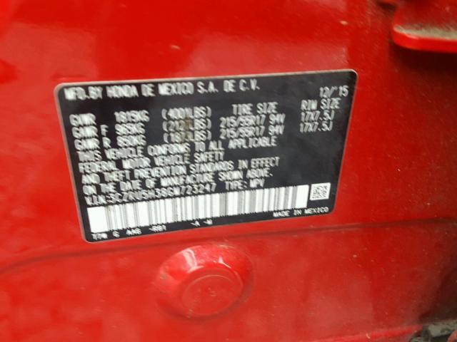 3CZRU5H38GM723247 - 2016 HONDA HR-V LX RED photo 10