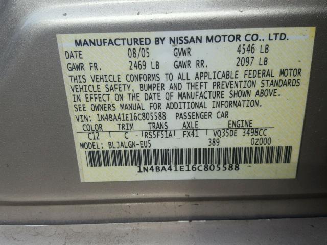 1N4BA41E16C805588 - 2006 NISSAN MAXIMA SE TAN photo 10